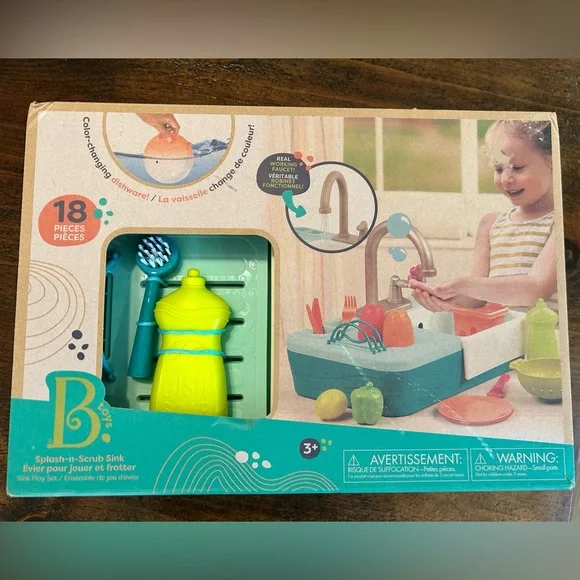 B. toys Running Water Play Sink Splash-n-Scrub Sink Kids Kitchen Box - Picture 1 of 6